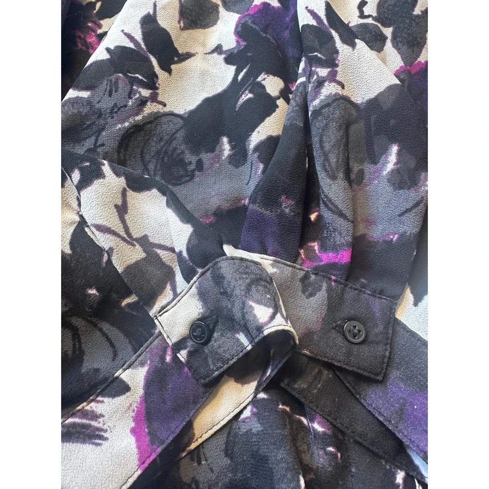 Ann Taylor LOFT Purple Black Floral Sheer‎ Chiffon V-Neck Blouse XL Long Sleeve - Picture 9 of 11